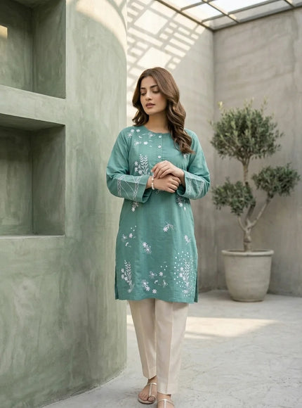 Teal Green Embroidered Kurti/Top