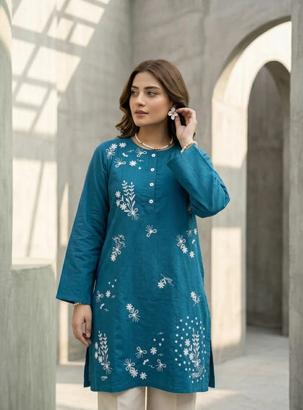 Teal Blue Embroidered Kurti Top
