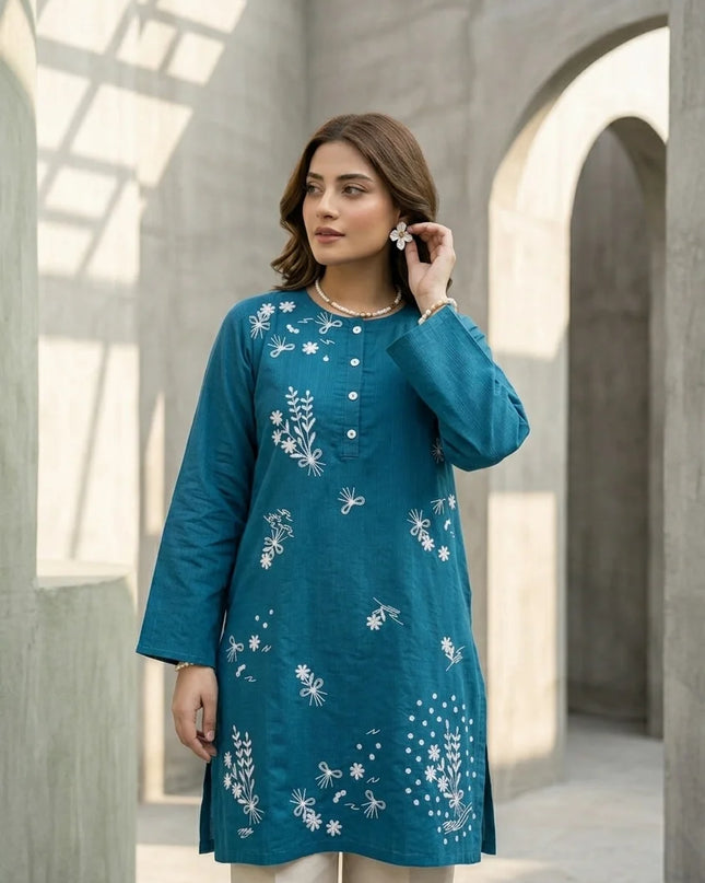 Teal Blue Embroidered Kurti Top