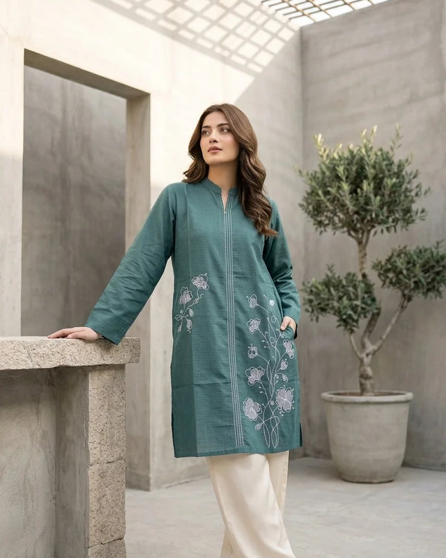 Teal Green Embroidered Kurti/Top