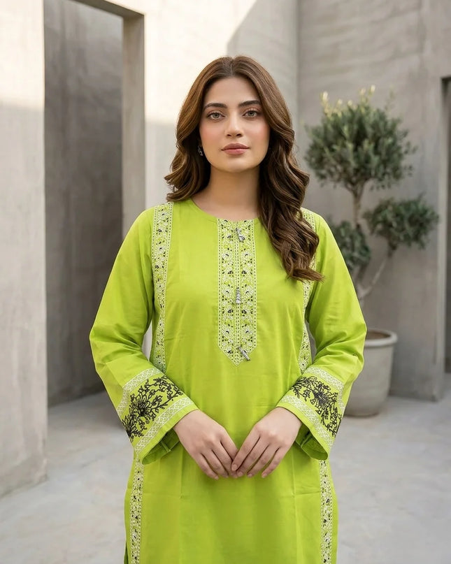 Lime Zest Embroidered Cotton Lawn Kurti
