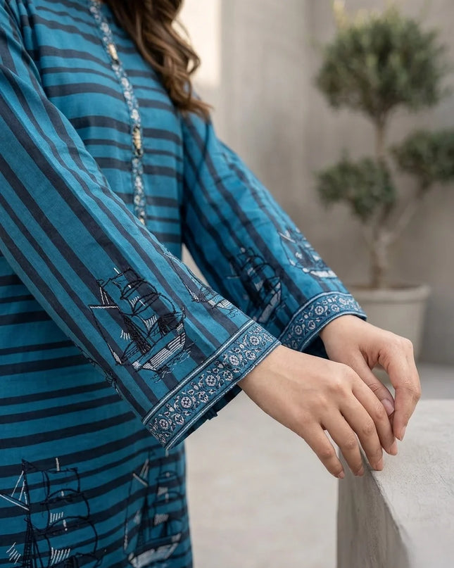 Ocean Voyage Embroidered 2-Piece Cotton Lawn Set