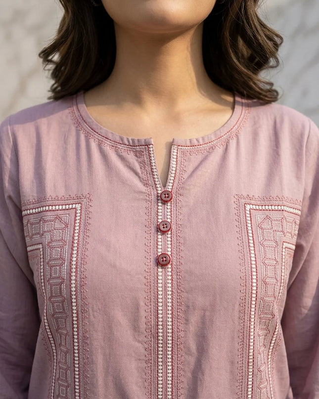 Mauve Orchid Embroidered Cotton Lawn Kurti