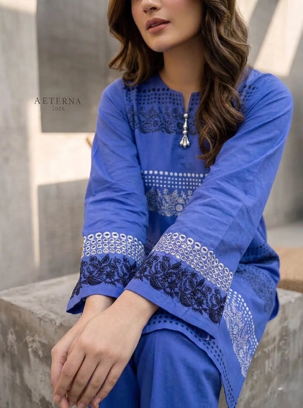 Royal Azure Embroidered Cotton Lawn Kurti