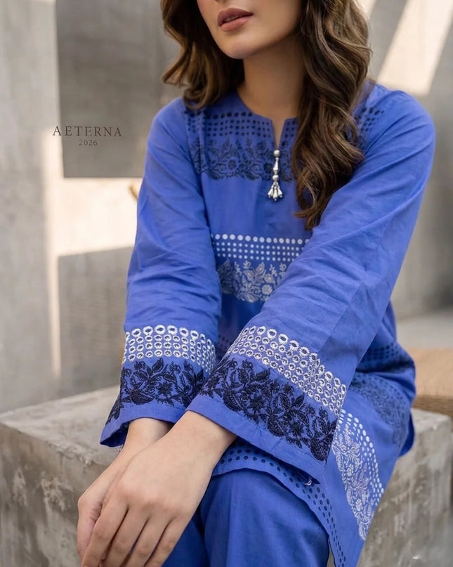 Royal Azure Embroidered Cotton Lawn Kurti