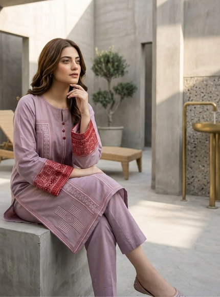Mauve Orchid Embroidered Cotton Lawn Kurti