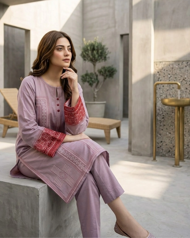 Mauve Orchid Embroidered Cotton Lawn Kurti