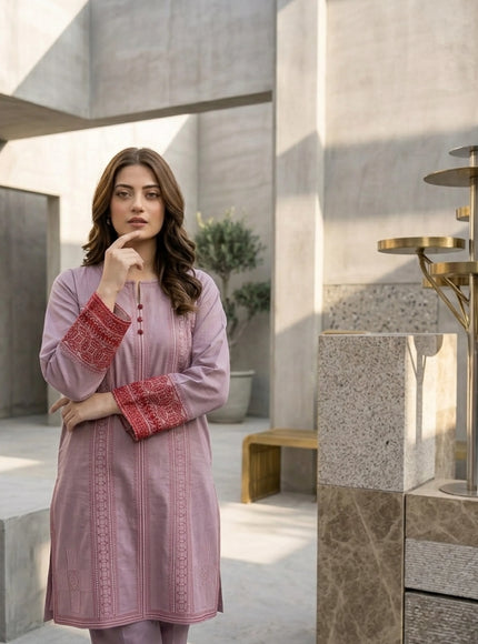Mauve Orchid Embroidered Cotton Lawn Kurti