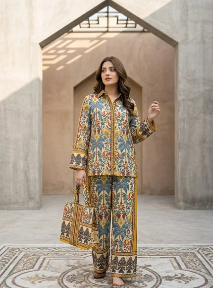 Printed Two-Piece Suit with Matching Bag Co-Ord Set