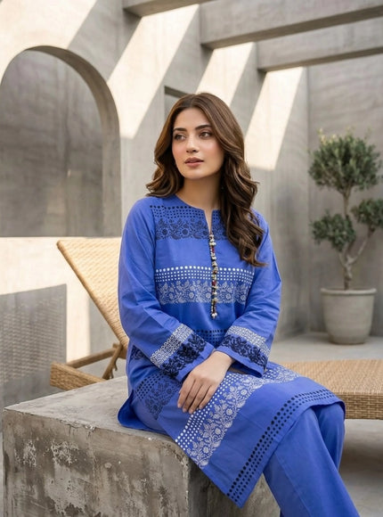 Royal Azure Embroidered Cotton Lawn Kurti